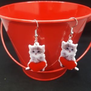1 Pair Of Red Heart Cat/Kitten Dangle Acrylic Earrings. Valentine Gift.